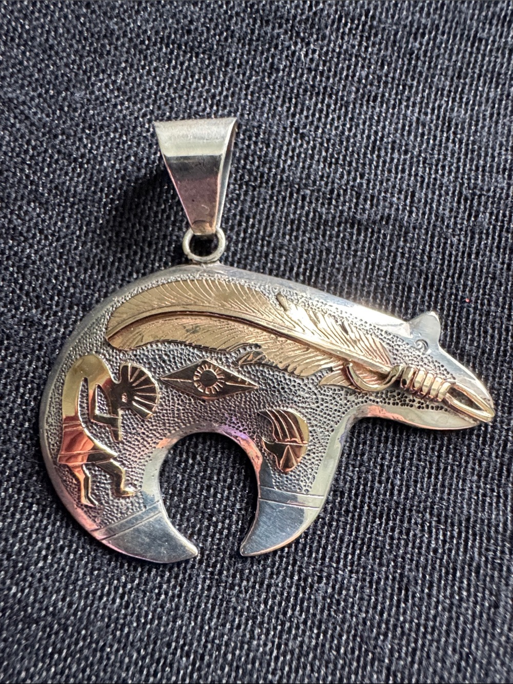 Len Adakai Navajo Two-Tone Bear Feather Pendant - Sterling Silver & 14k Gold